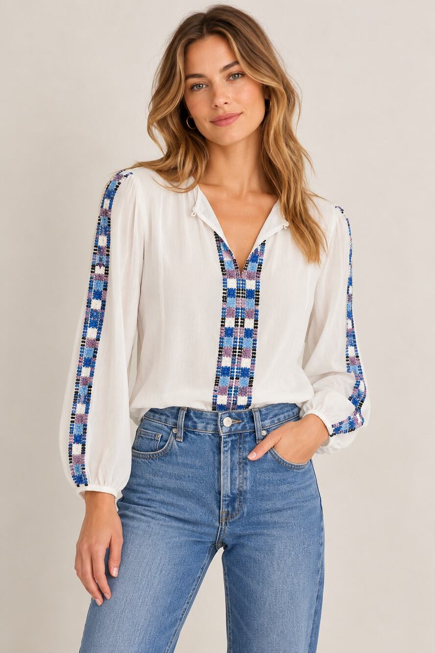 Rungolee Charlize Embroidered Blouse Ivory Blue Small Tuckernuck